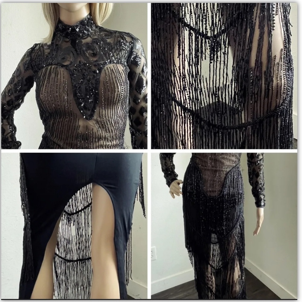 Angela&Brinks Designer Black Glitter Long Sleeve Evening Dress size S